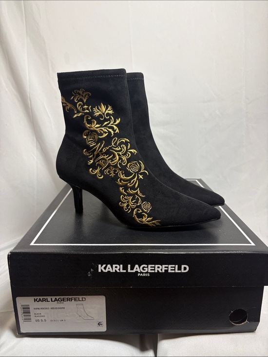 Karl Lagerfeld Shoes - Karl Lagerfeld Black Stretch Sock Booties with Gold Embroidery